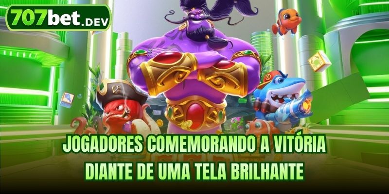 Jogadores comemorando a vitória diante de uma tela brilhante